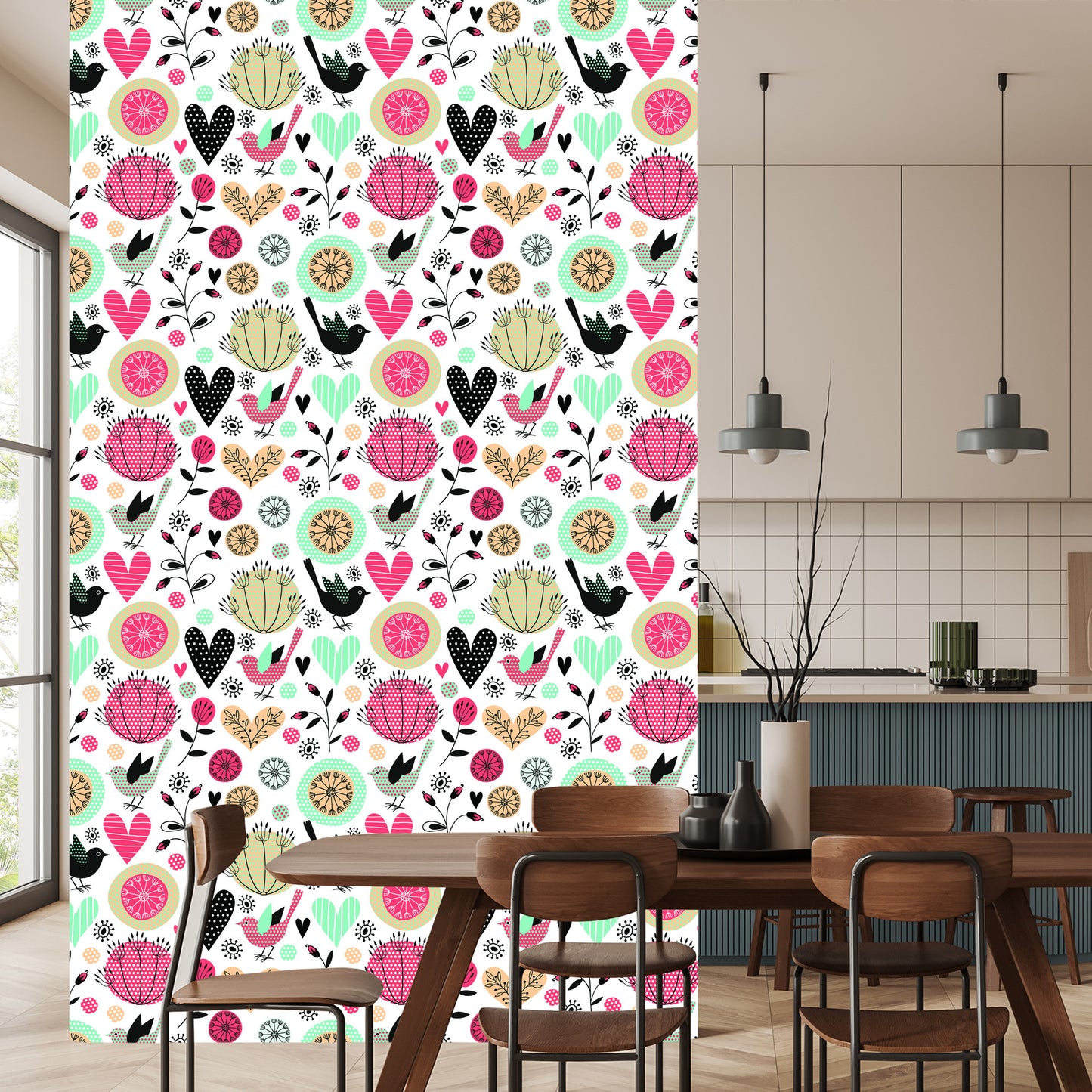 Wallpaper Plants Birds And Hearts In Retro Style