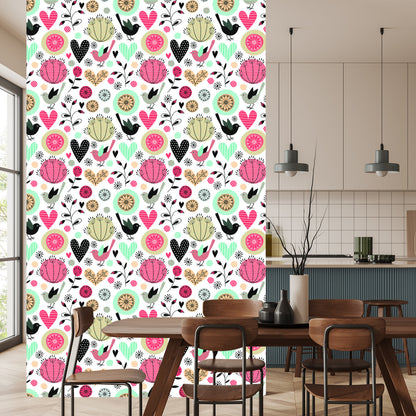 Wallpaper Plants Birds And Hearts In Retro Style