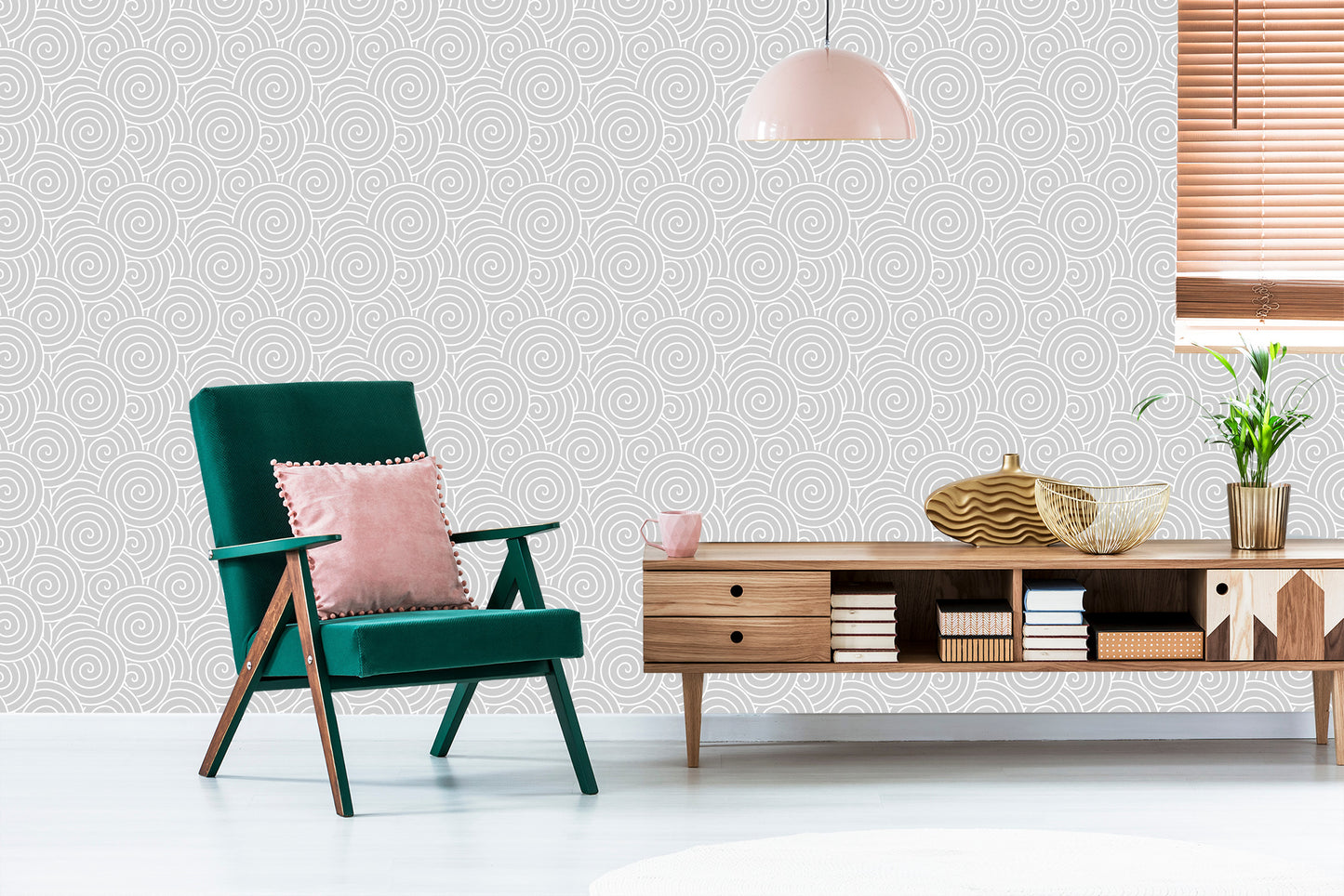 Wallpaper Retro - Whirling Gray - White Spirals