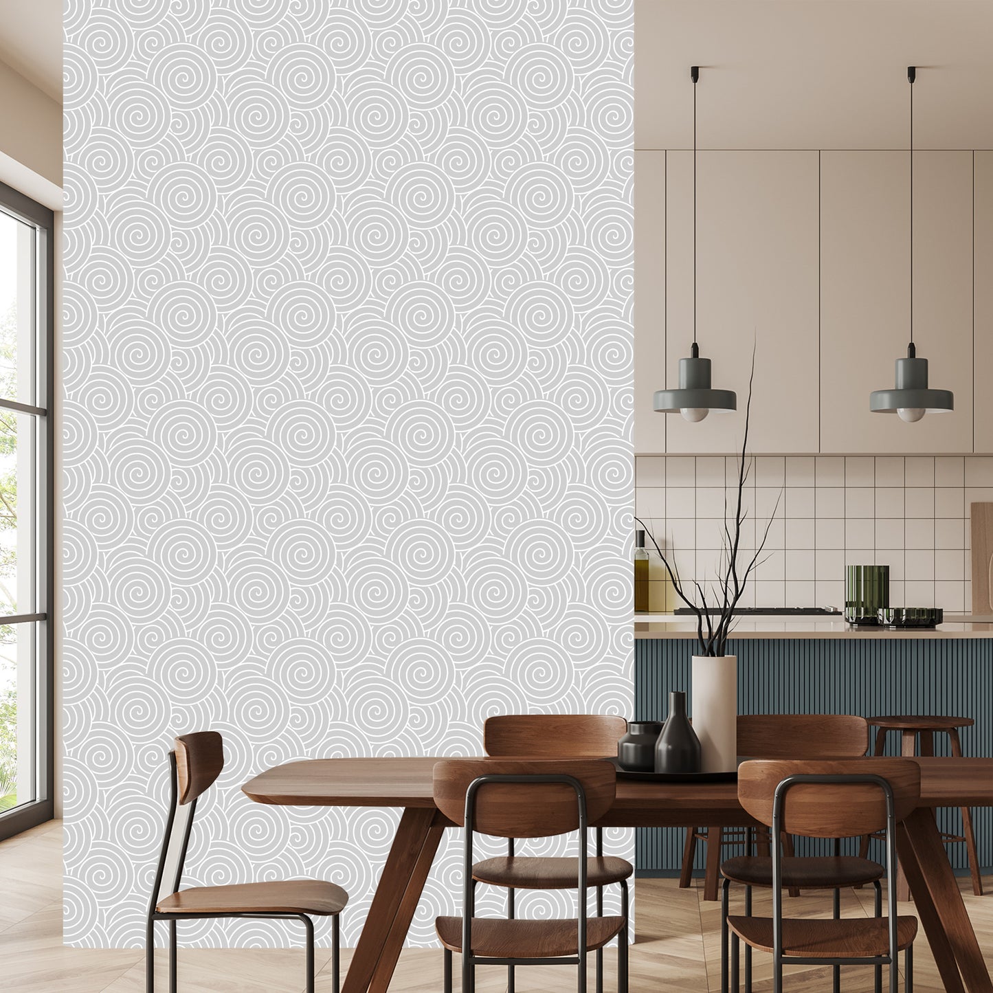 Wallpaper Retro - Whirling Gray - White Spirals