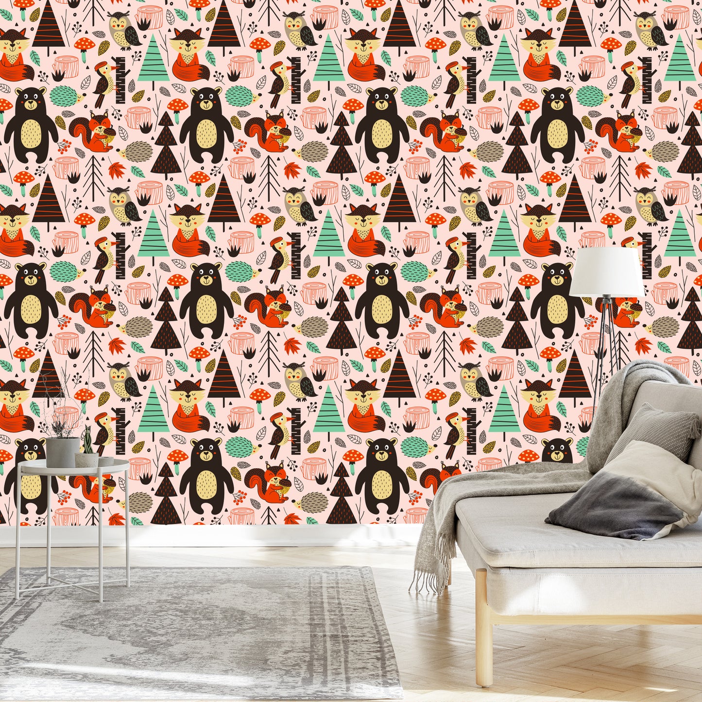 Wallpaper For Children - Forest Animals In Scandinavian Style