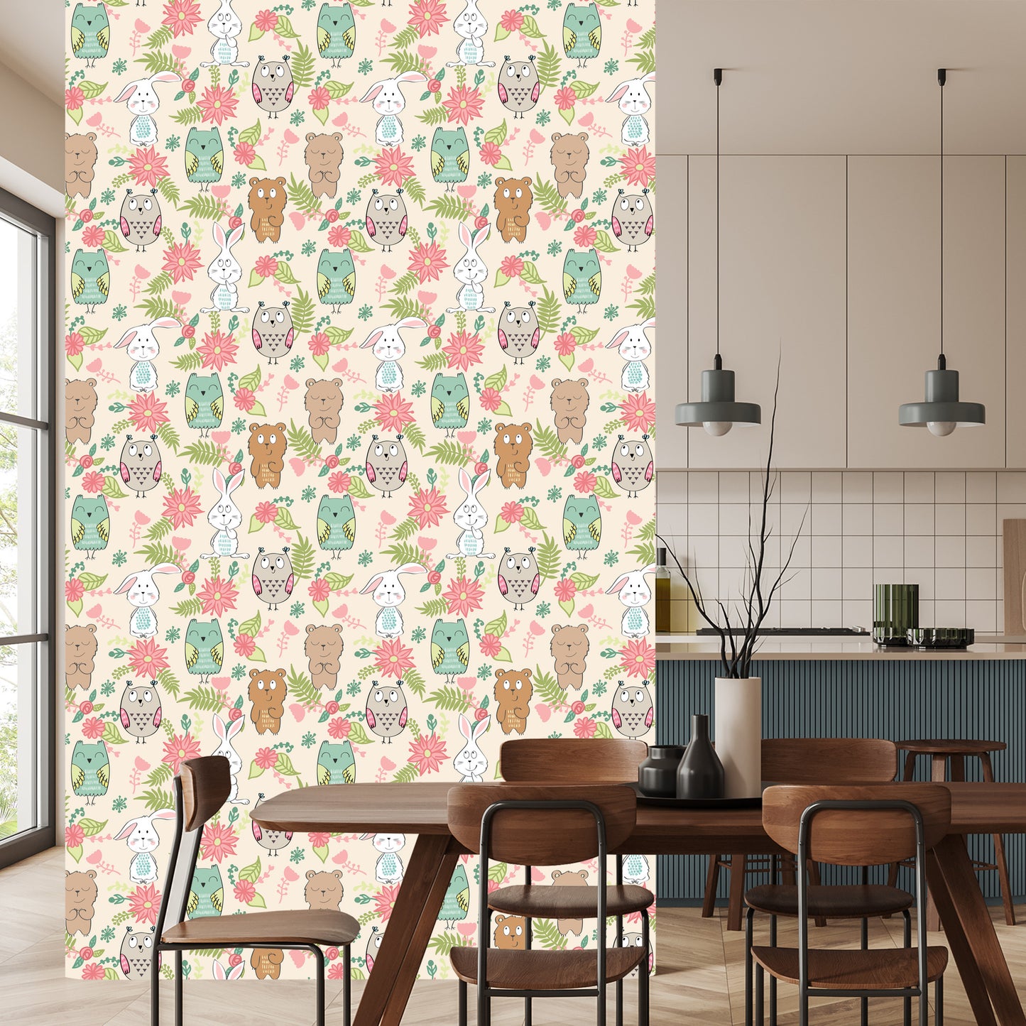 Wallpaper For Children - Colorful Animals And Flowers