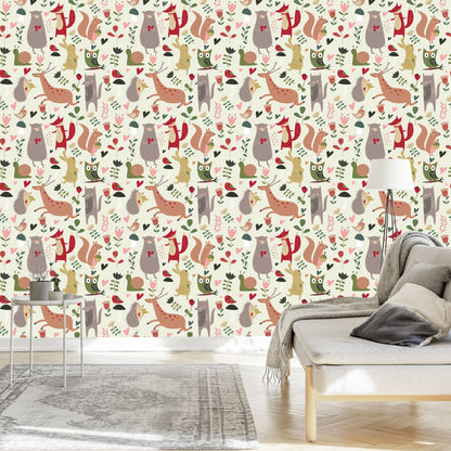 Wallpaper For Children - Forest Animals And Hearts