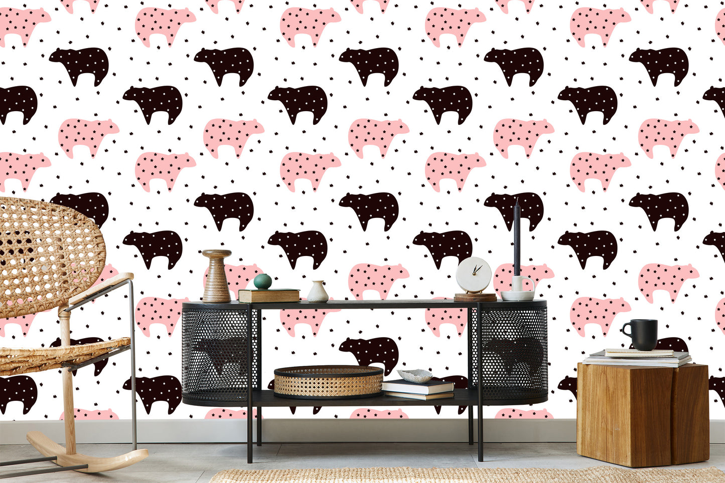 Wallpaper For Children - Black And Pink Teddy Bears And Stars