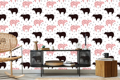 Wallpaper For Children - Black And Pink Teddy Bears And Stars