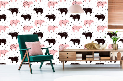 Wallpaper For Children - Black And Pink Teddy Bears And Stars