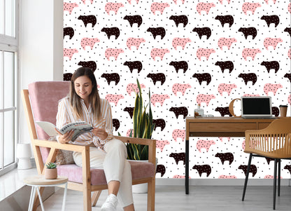 Wallpaper For Children - Black And Pink Teddy Bears And Stars