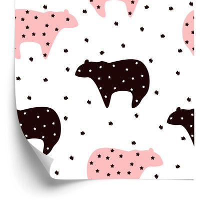 Wallpaper For Children - Black And Pink Teddy Bears And Stars