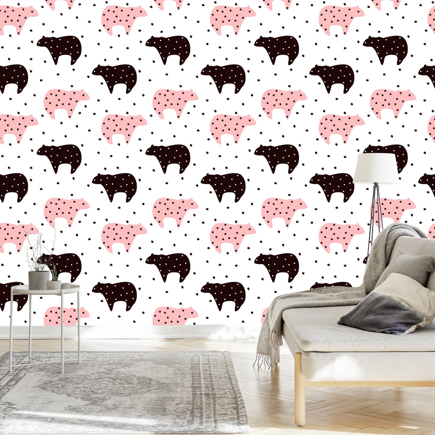 Wallpaper For Children - Black And Pink Teddy Bears And Stars