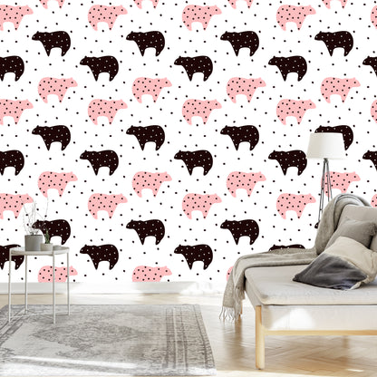 Wallpaper For Children - Black And Pink Teddy Bears And Stars