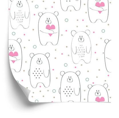 Wallpaper For Children - White Teddy Bears With Pink Hearts