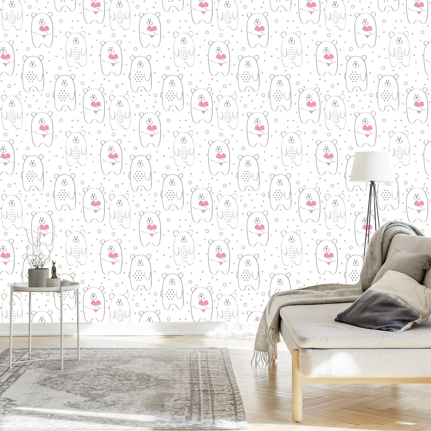 Wallpaper For Children - White Teddy Bears With Pink Hearts