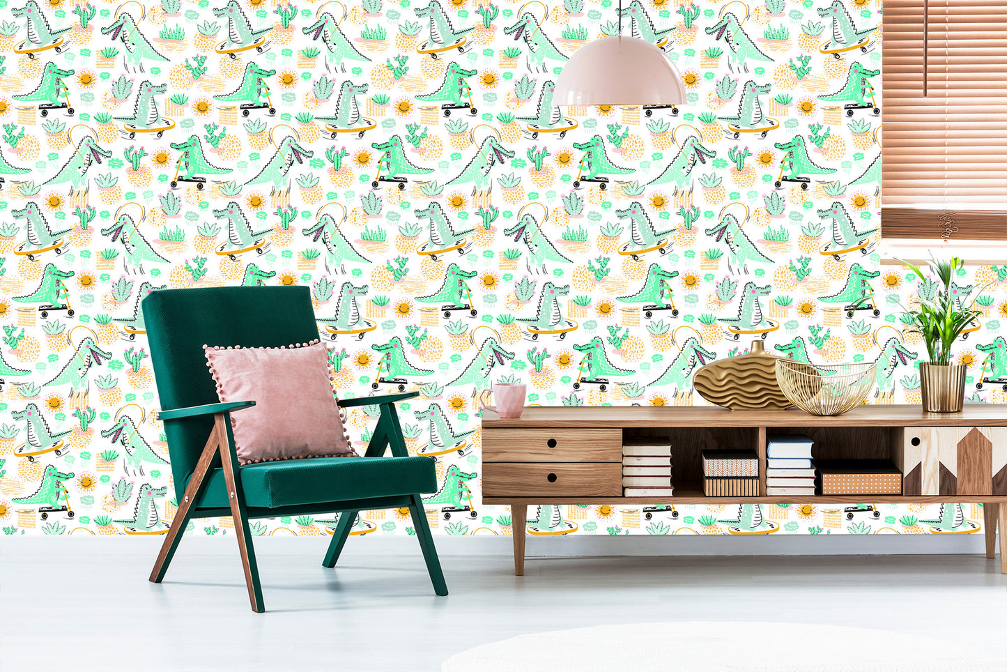 Wallpaper For Baby's Room Crocodiles, Plants, Sun.