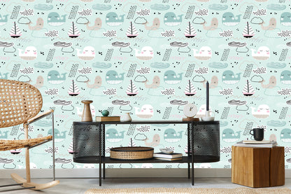 Wallpaper For Children - Whales, Boats, Waves And Clouds