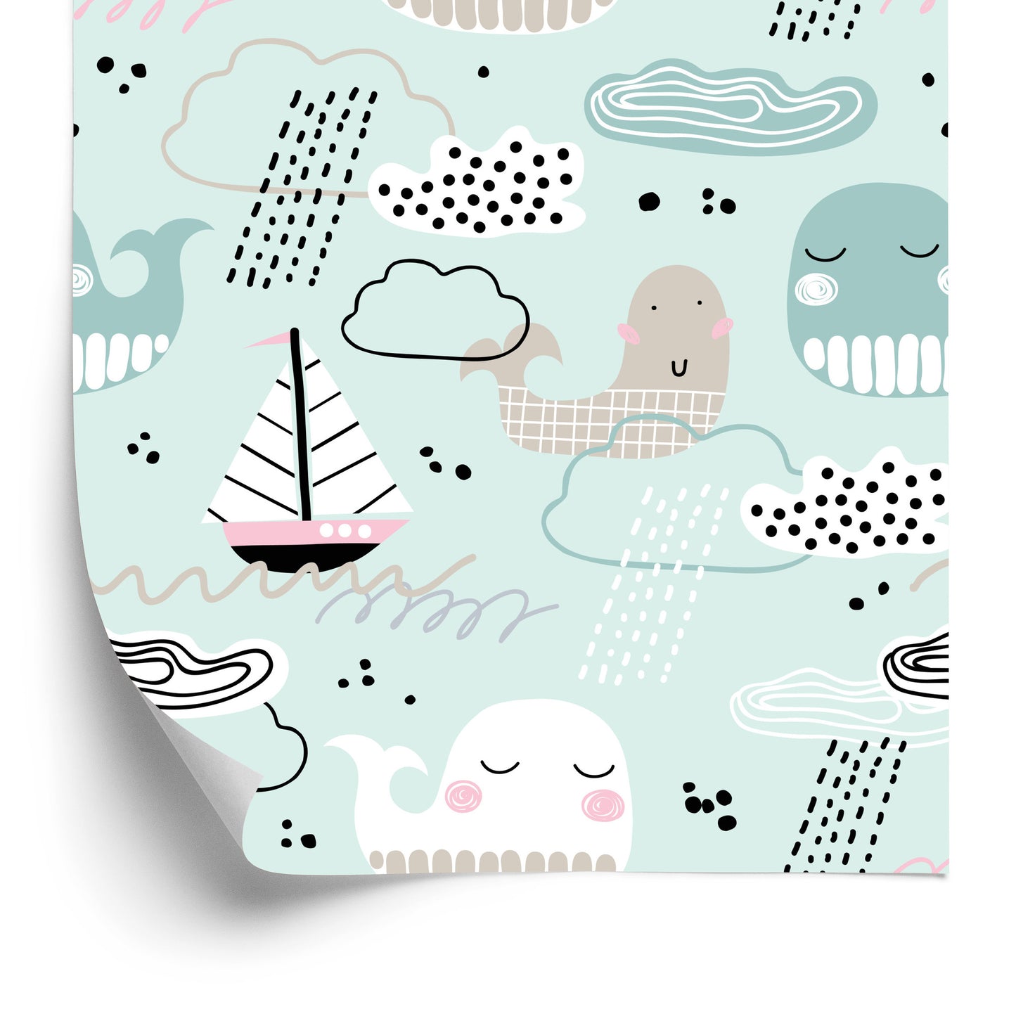 Wallpaper For Children - Whales, Boats, Waves And Clouds