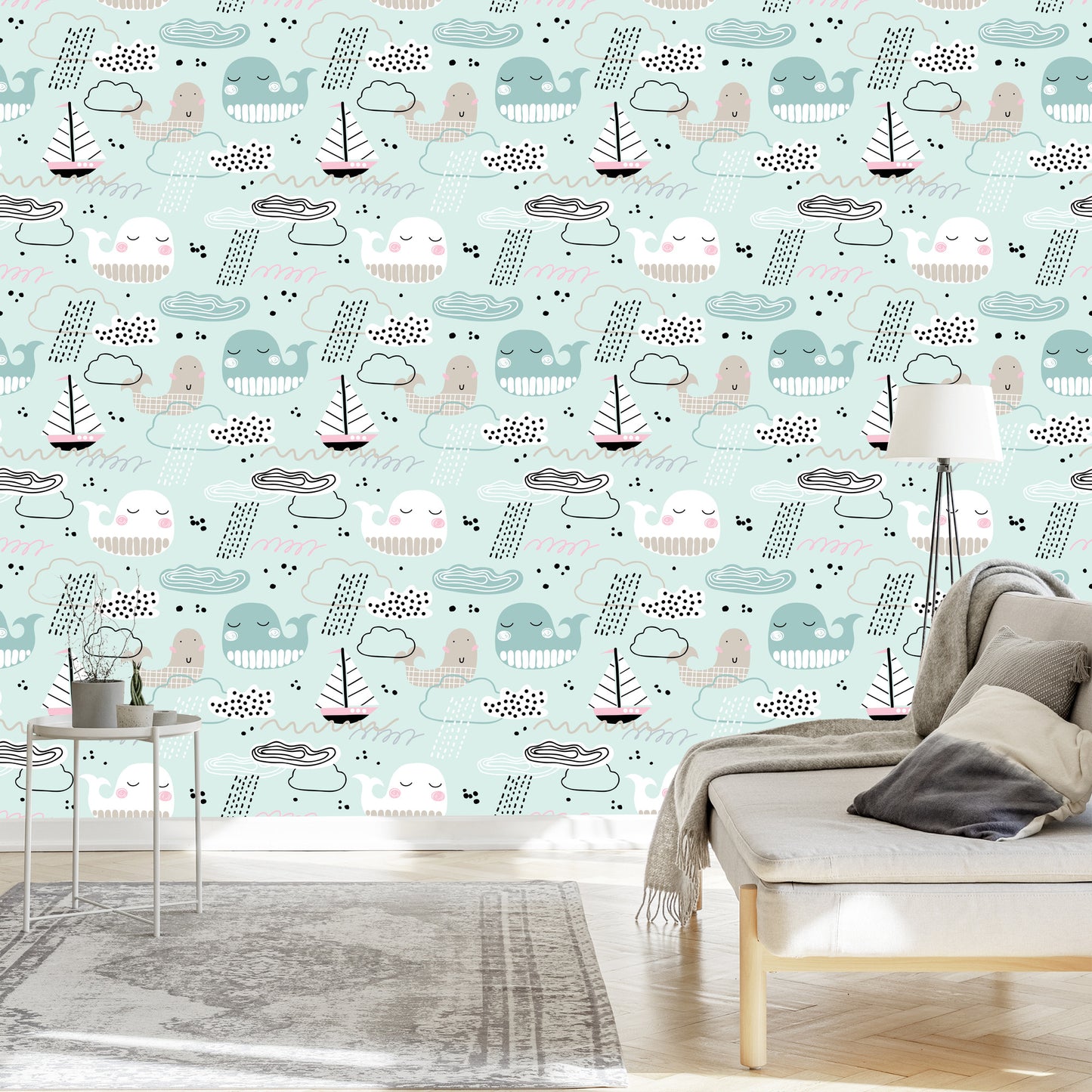 Wallpaper For Children - Whales, Boats, Waves And Clouds