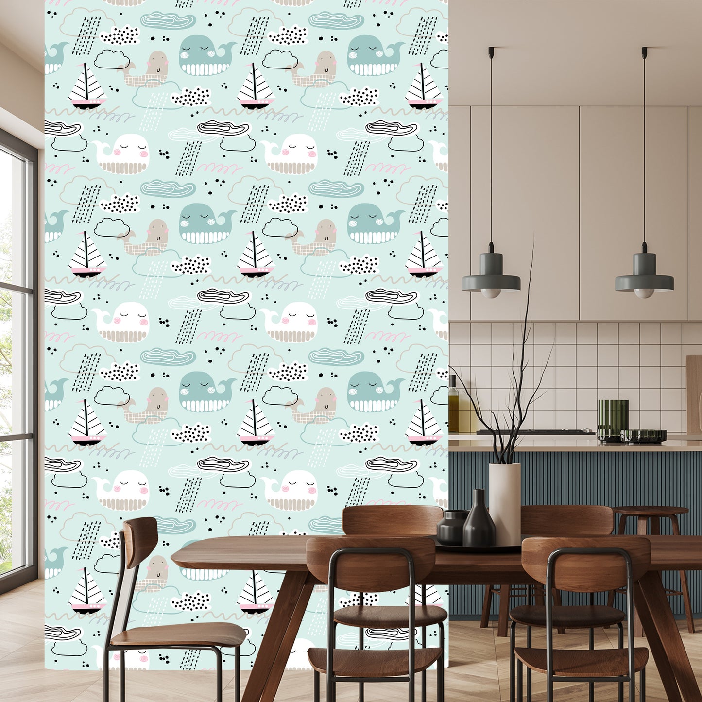 Wallpaper For Children - Whales, Boats, Waves And Clouds