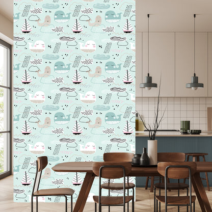 Wallpaper For Children - Whales, Boats, Waves And Clouds