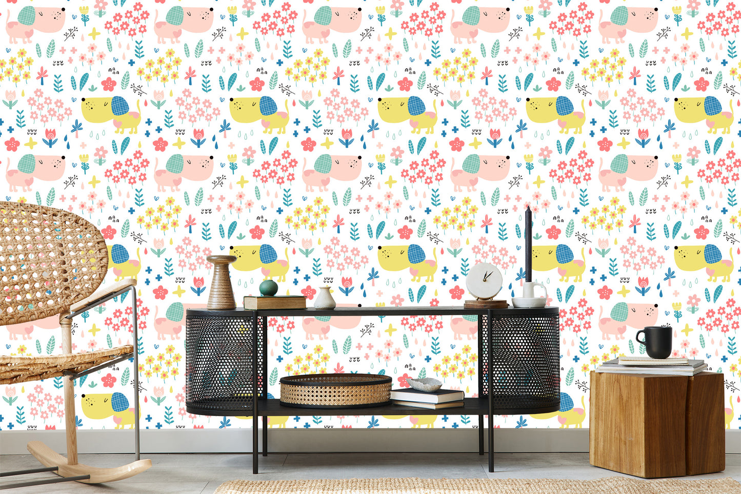Wallpaper For Children - Colorful Dogs And Flowers