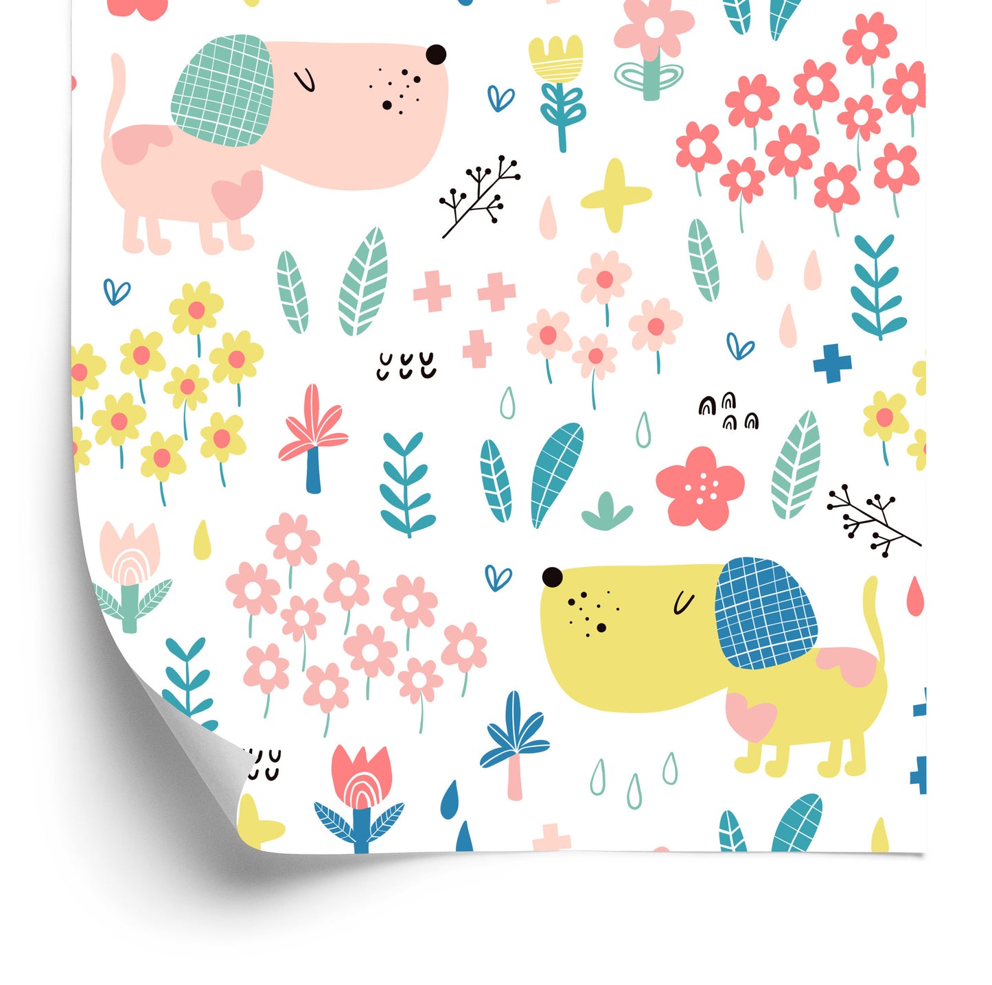 Wallpaper For Children - Colorful Dogs And Flowers