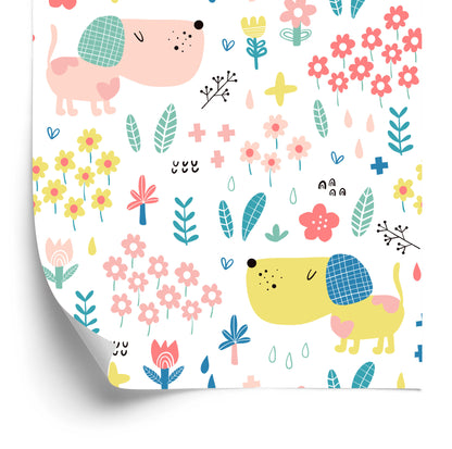 Wallpaper For Children - Colorful Dogs And Flowers