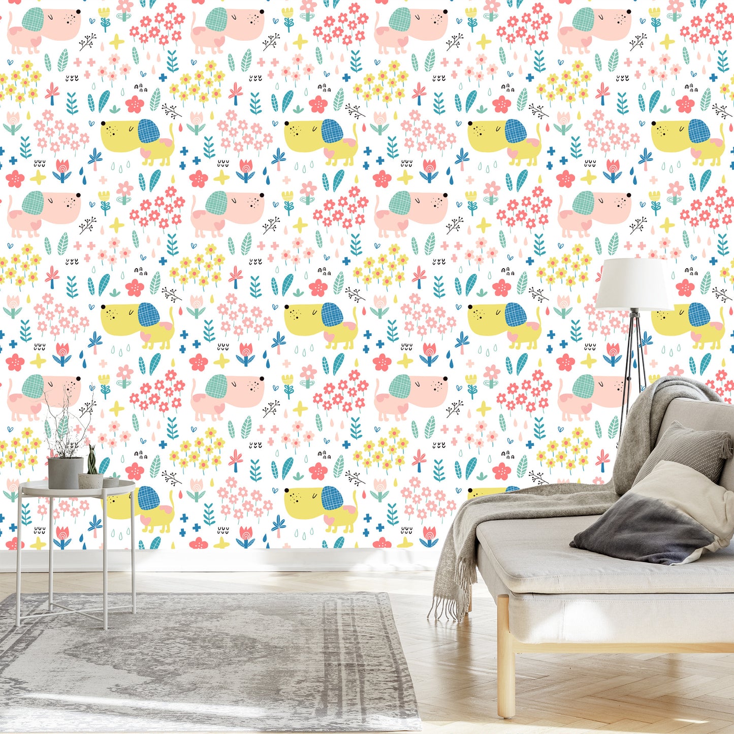 Wallpaper For Children - Colorful Dogs And Flowers