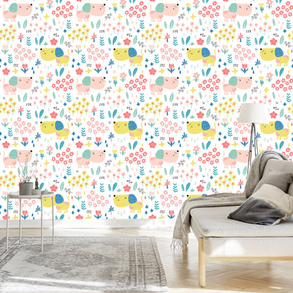 Wallpaper For Children - Colorful Dogs And Flowers