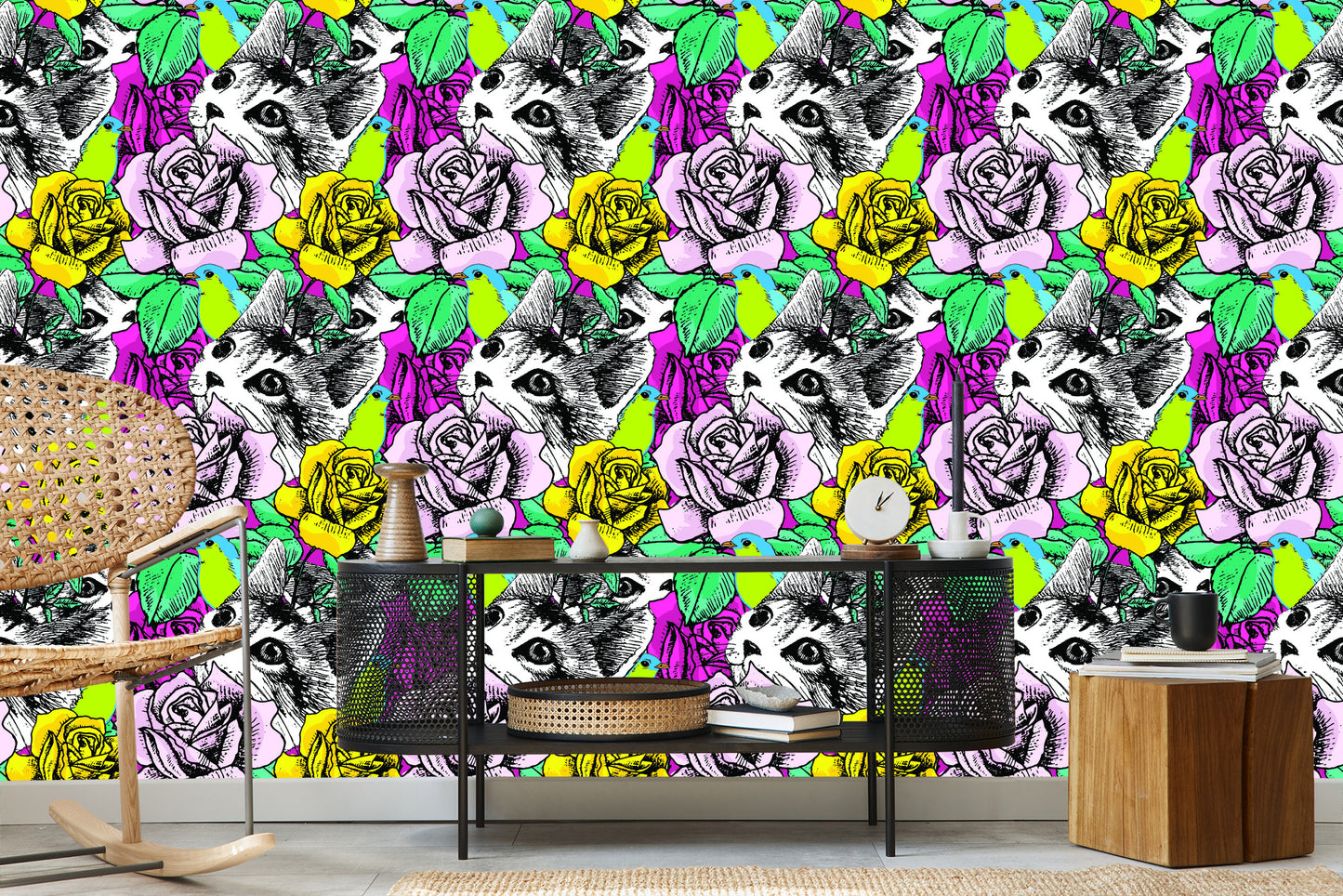 Wallpaper Cats, Birds And Roses