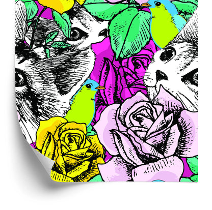 Wallpaper Cats, Birds And Roses