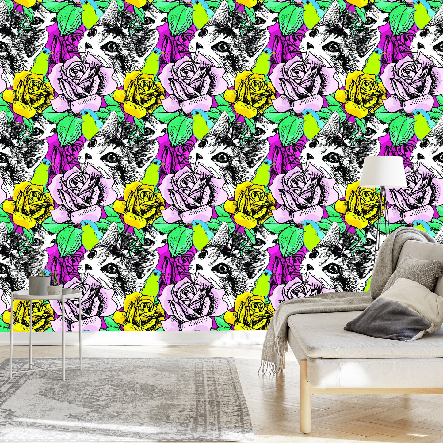 Wallpaper Cats, Birds And Roses