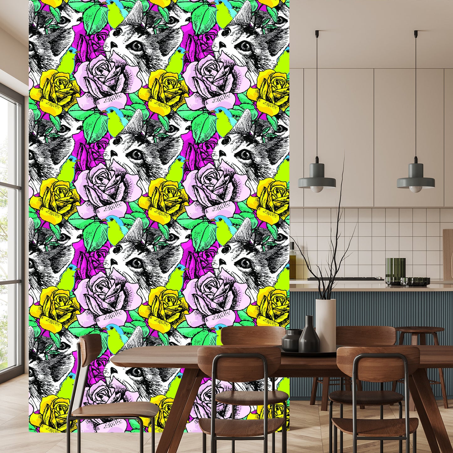 Wallpaper Cats, Birds And Roses