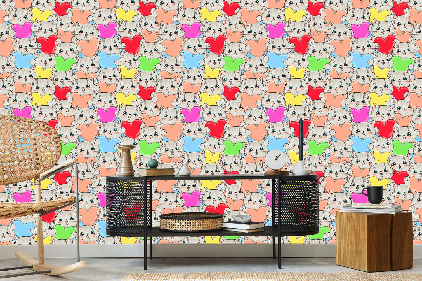 Wallpaper For Children - Happy Kittens And Hearts