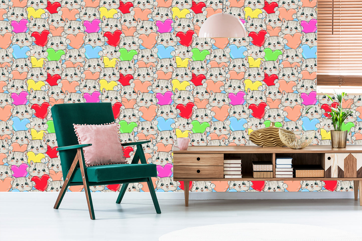 Wallpaper For Children - Happy Kittens And Hearts