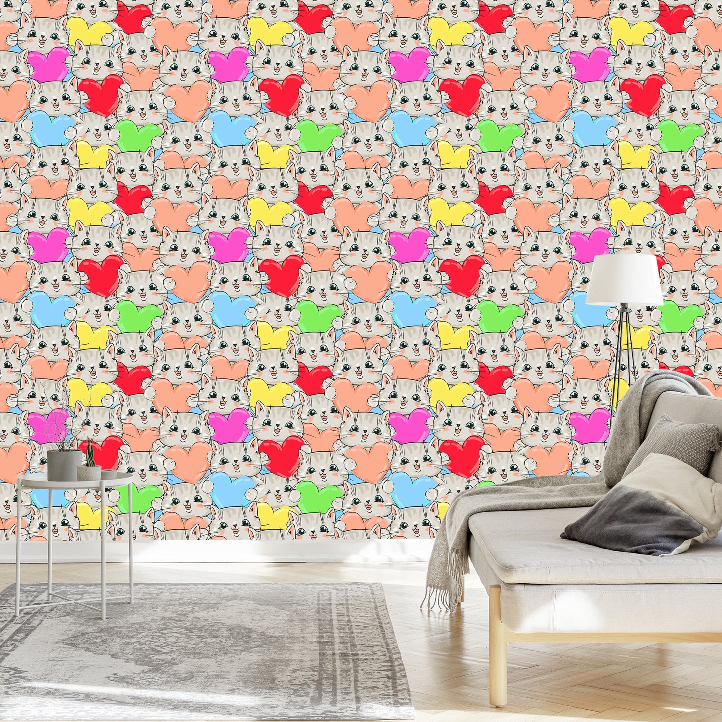 Wallpaper For Children - Happy Kittens And Hearts