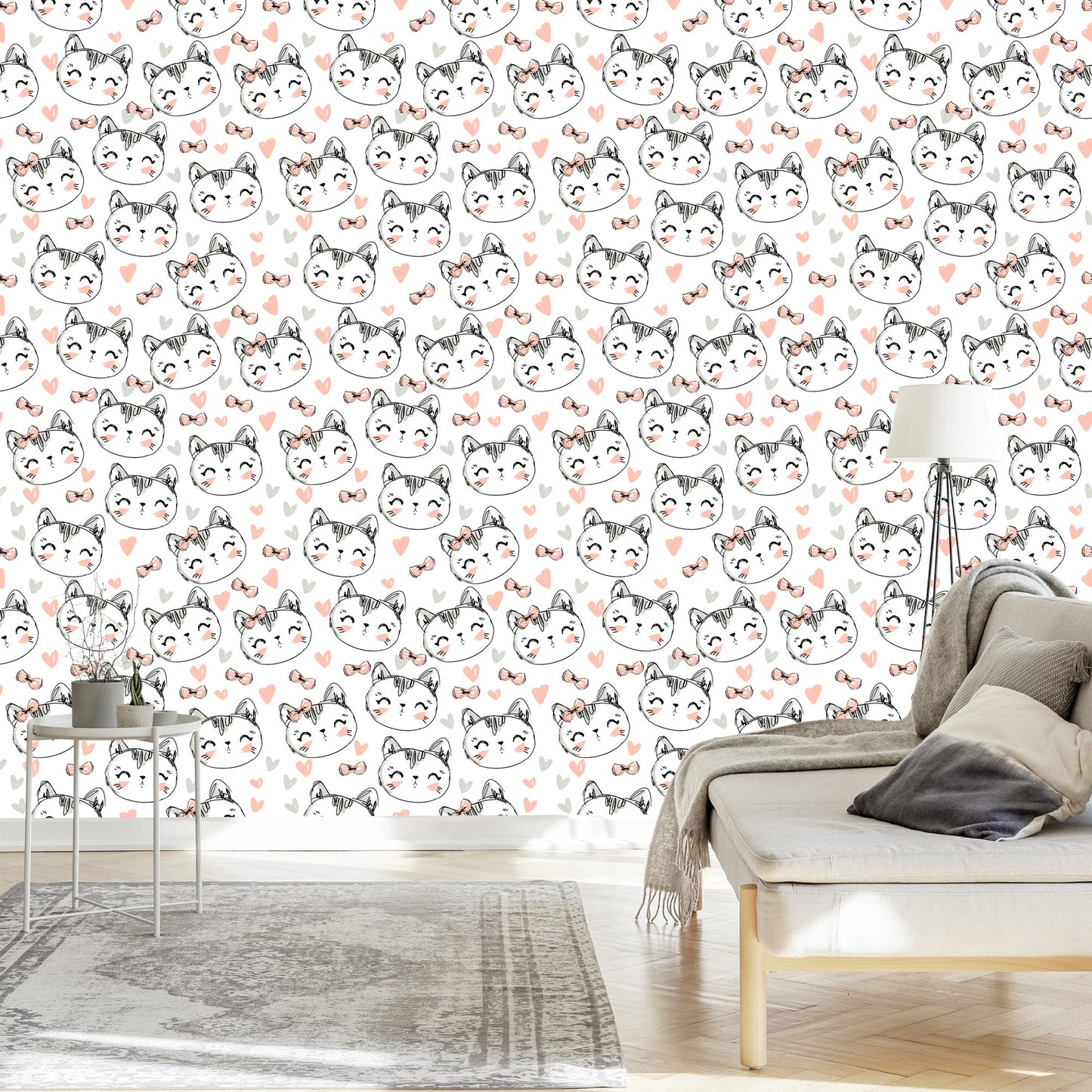 Wallpaper For Children - Kittens, Hearts And Bows