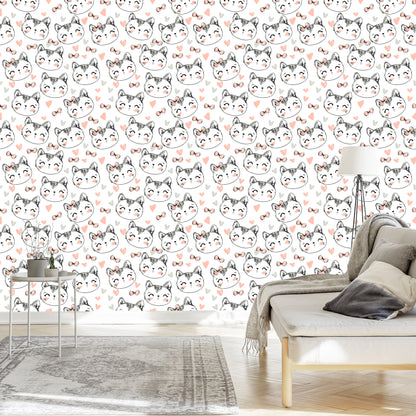 Wallpaper For Children - Kittens, Hearts And Bows