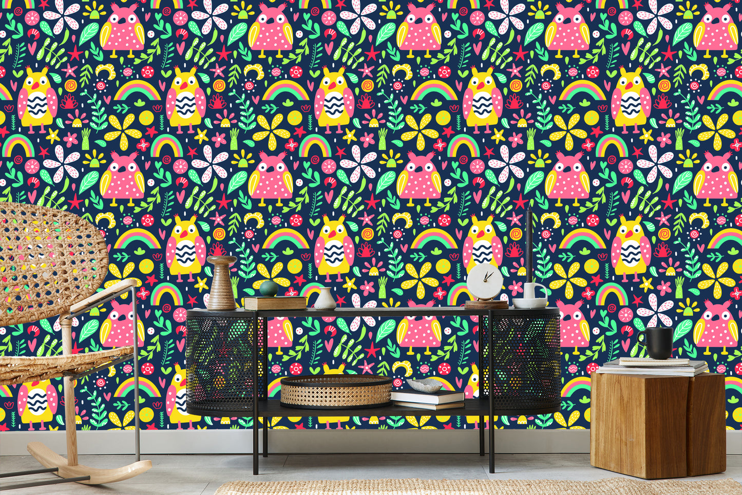 Wallpaper For Children - Colorful Owls And Flowers