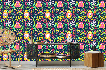Wallpaper For Children - Colorful Owls And Flowers