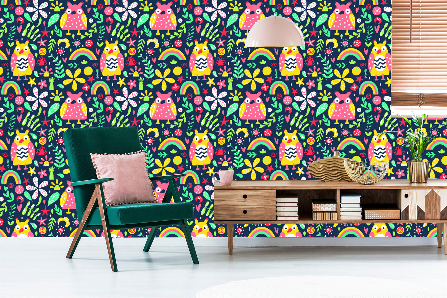 Wallpaper For Children - Colorful Owls And Flowers