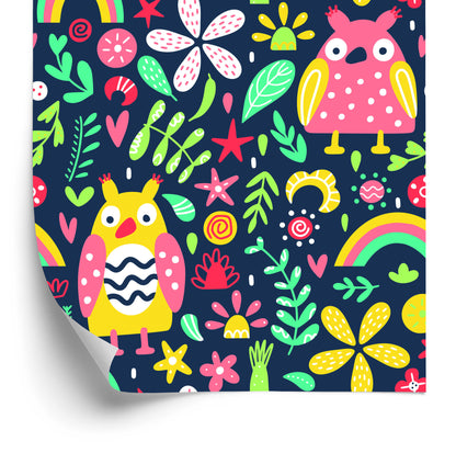 Wallpaper For Children - Colorful Owls And Flowers