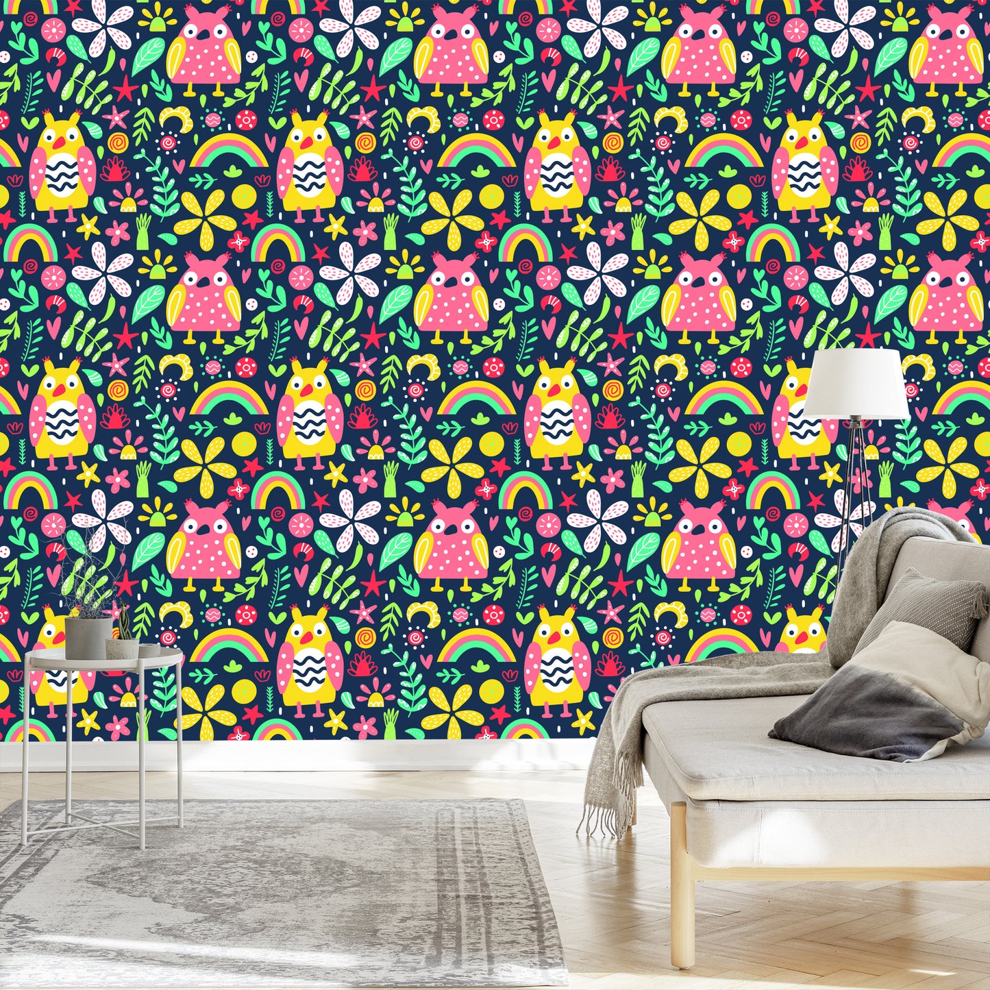 Wallpaper For Children - Colorful Owls And Flowers