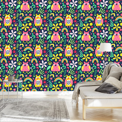 Wallpaper For Children - Colorful Owls And Flowers