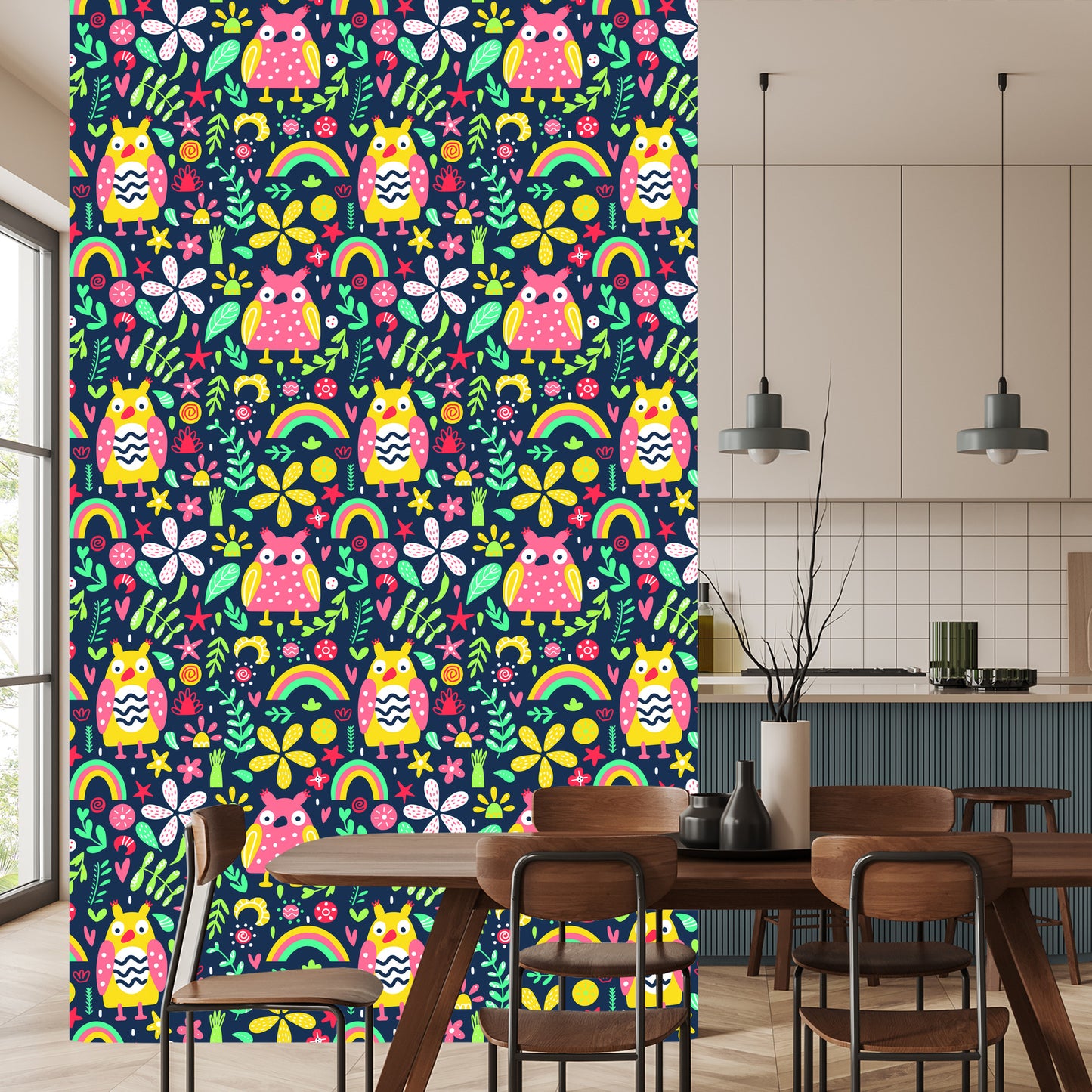 Wallpaper For Children - Colorful Owls And Flowers