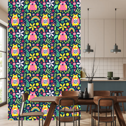 Wallpaper For Children - Colorful Owls And Flowers