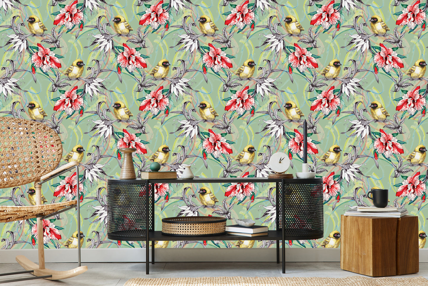Wallpaper Colorful Birds Among Flowers