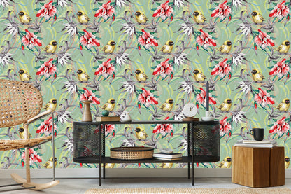 Wallpaper Colorful Birds Among Flowers
