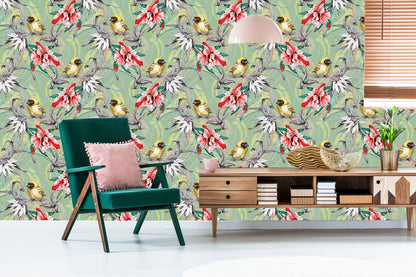 Wallpaper Colorful Birds Among Flowers