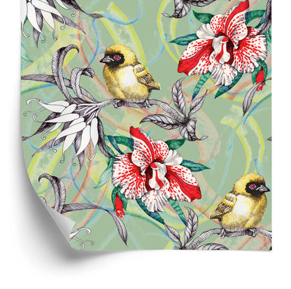 Wallpaper Colorful Birds Among Flowers