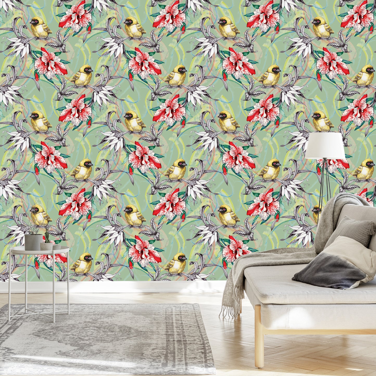 Wallpaper Colorful Birds Among Flowers