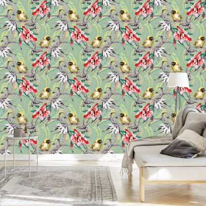 Wallpaper Colorful Birds Among Flowers